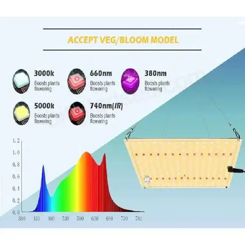 100W Pro Quantum Board Style Lamba 14 100W Quantum Board'un büyüme (mavi) ve çiçeklenme (kırmızı) için güçlü tepe noktalarını gösteren spektrum grafiği
