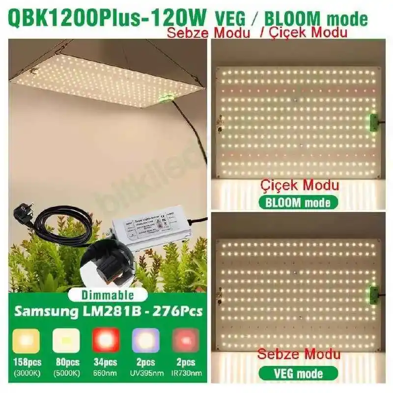 120W Quantum Board'un VEG ve BLOOM modlarındaki farklı spektrum dağılımını gösteren grafik